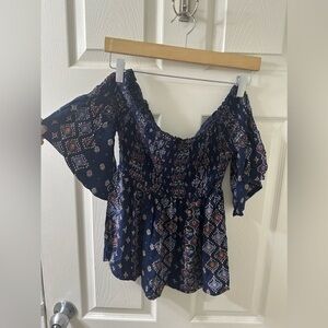 Hollister Blue Boho Off The Shoulder Short Sleeve Blouse Size Small